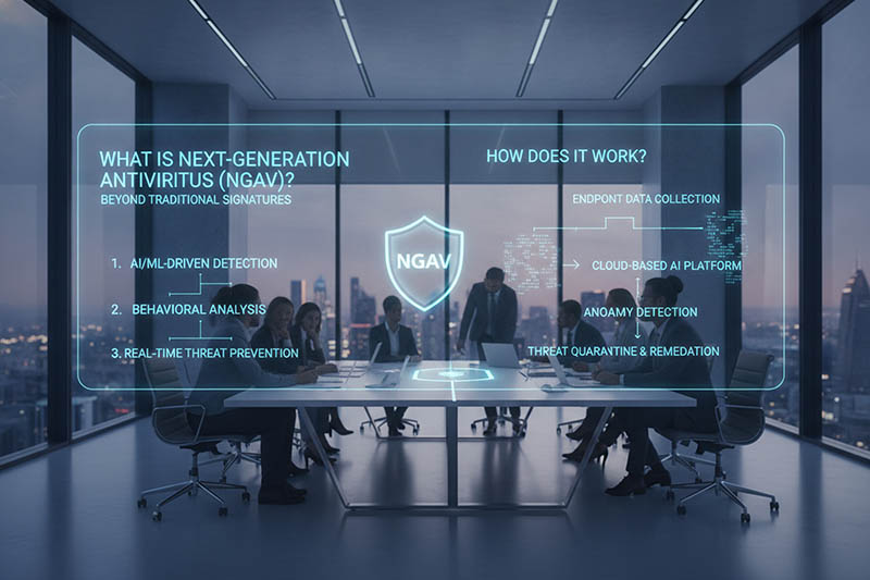 Boardroom with a translucent NGAV infographic projected over a glass wall, listing AI/ML-driven detection, behavioral analysis, real-time threat prevention, and the cloud-based platform.