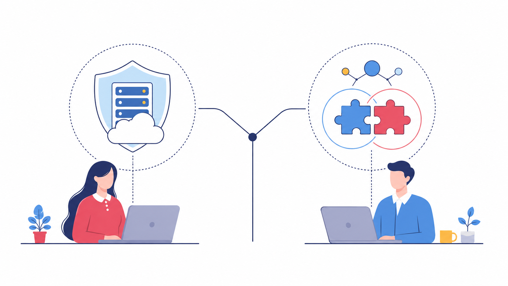 Illustration comparing managed and co-managed IT support, showing secure cloud infrastructure on one side and collaborative IT teamwork on the other.