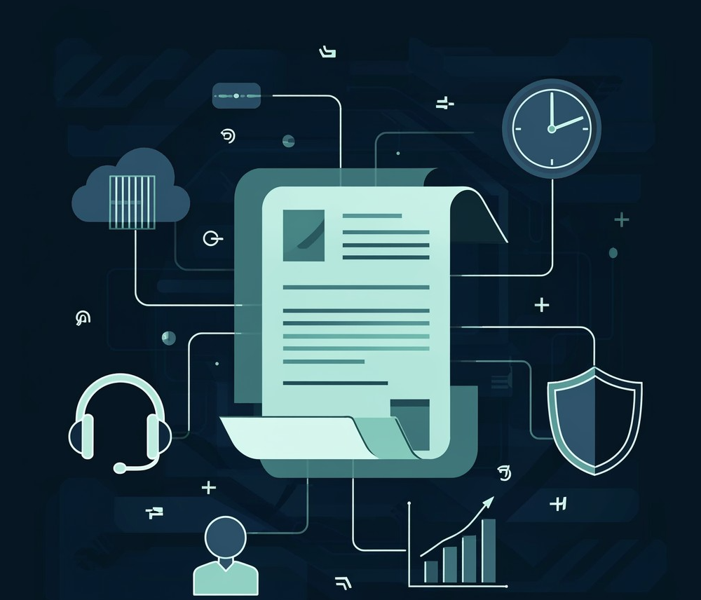 Illustration of a service level agreement document connected to support, security, uptime, and performance icons, representing SLAs for managed IT services.