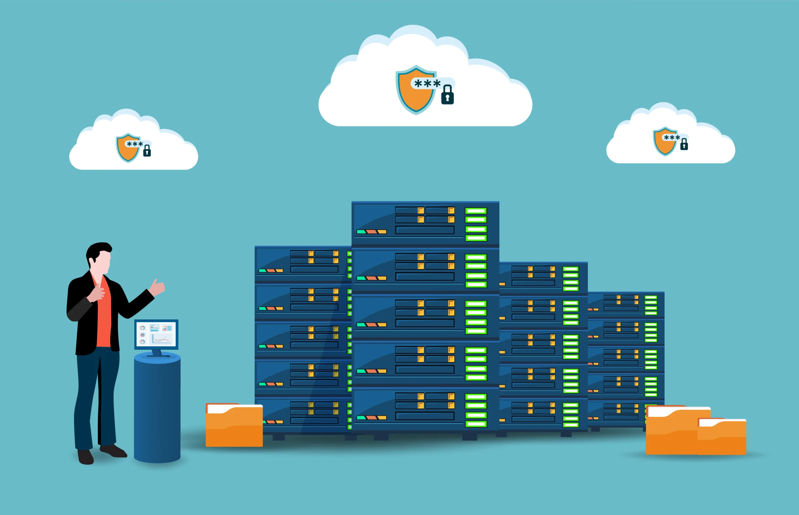 Illustration of an IT professional managing server infrastructure and cloud services, representing the comparison between in-house and outsourced IT support for SMEs.