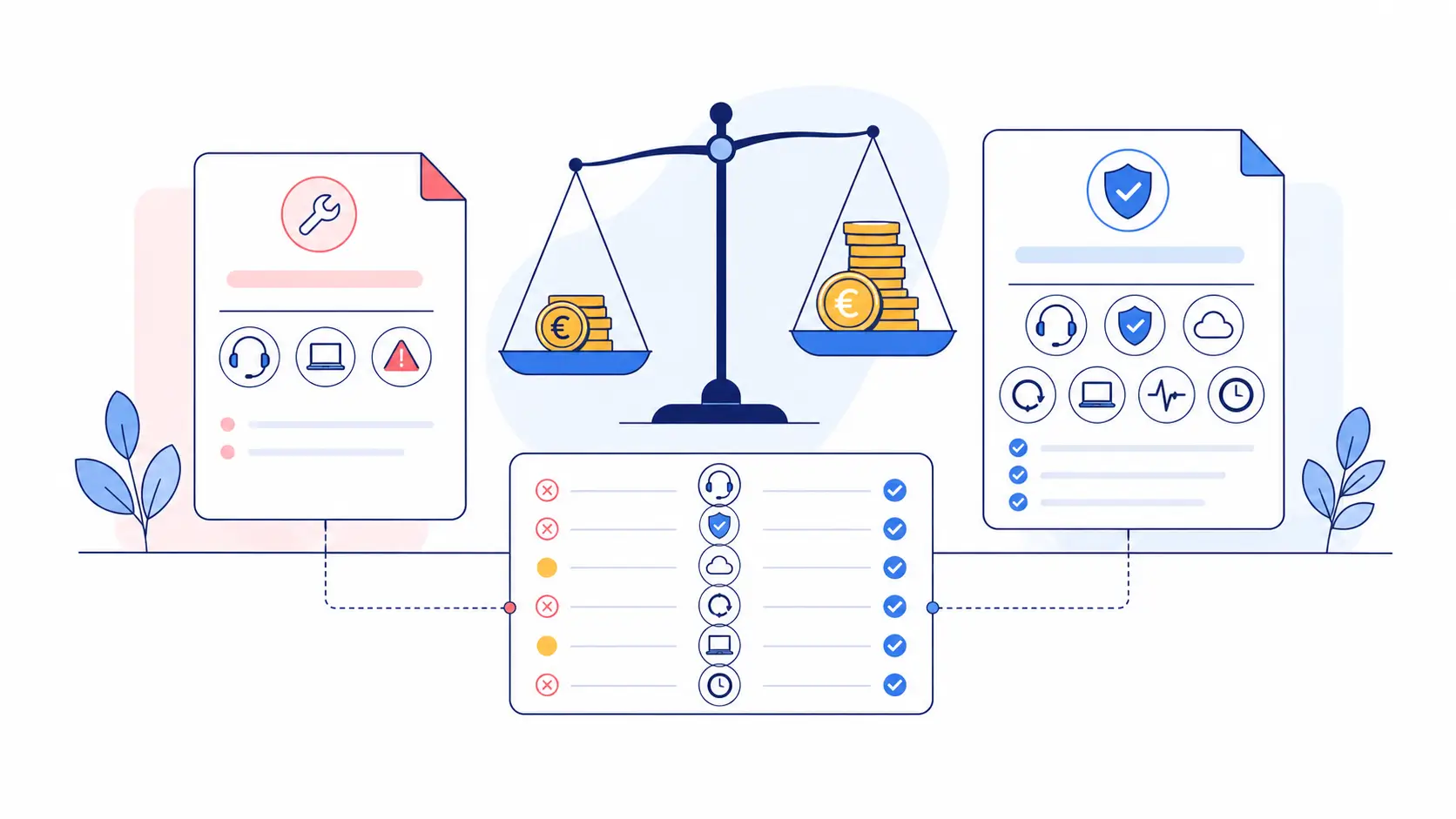 Illustration comparing IT support service plans with pricing, security, support features, and value, representing the real cost of IT support for small businesses in Ireland.