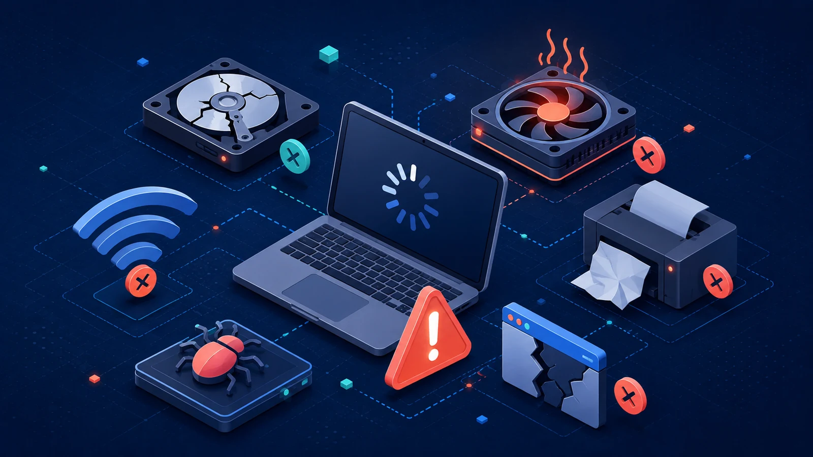 Common computer hardware and software problems illustrated with a laptop, hard drive, Wi-Fi error, bug, printer error, loading screen, and warning signs.