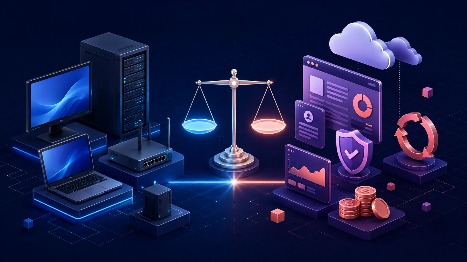 Balanced scales between left-side IT hardware (servers and laptops) and right-side cloud security/analytics icons.