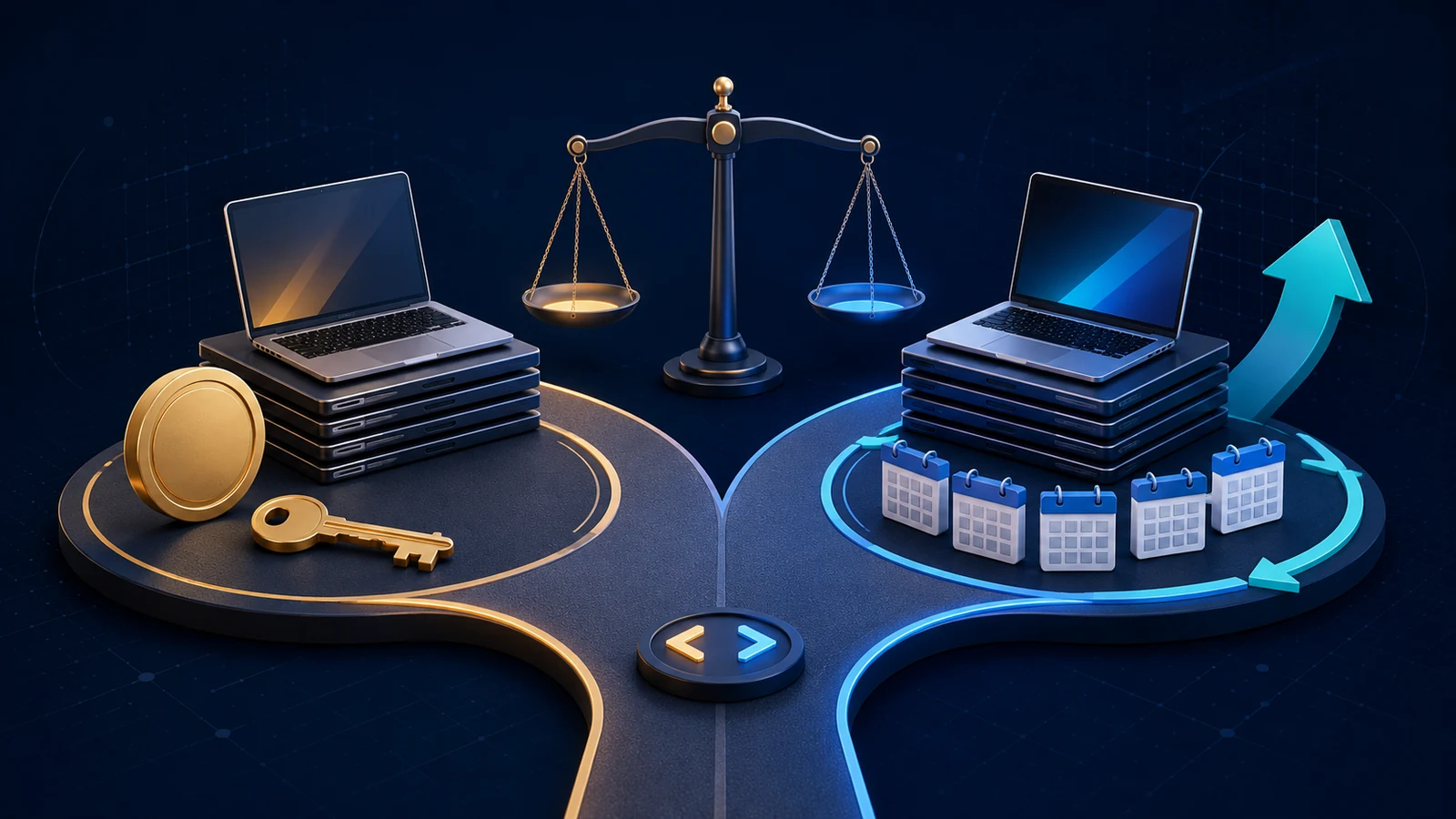 Balanced scales between two stacked laptops and servers; left shows a gold coin and key, right shows calendars and a blue upward arrow, symbolizing balance between security/assets and schedules/growth