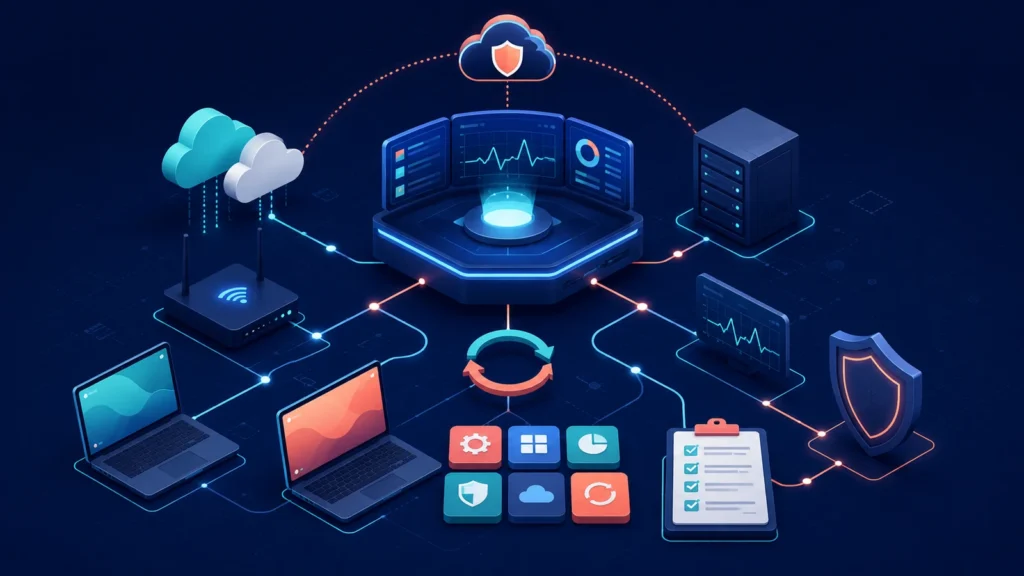 Isometric network diagram showing central control hub connected to laptops, servers, cloud icons, shield, and a checklist.