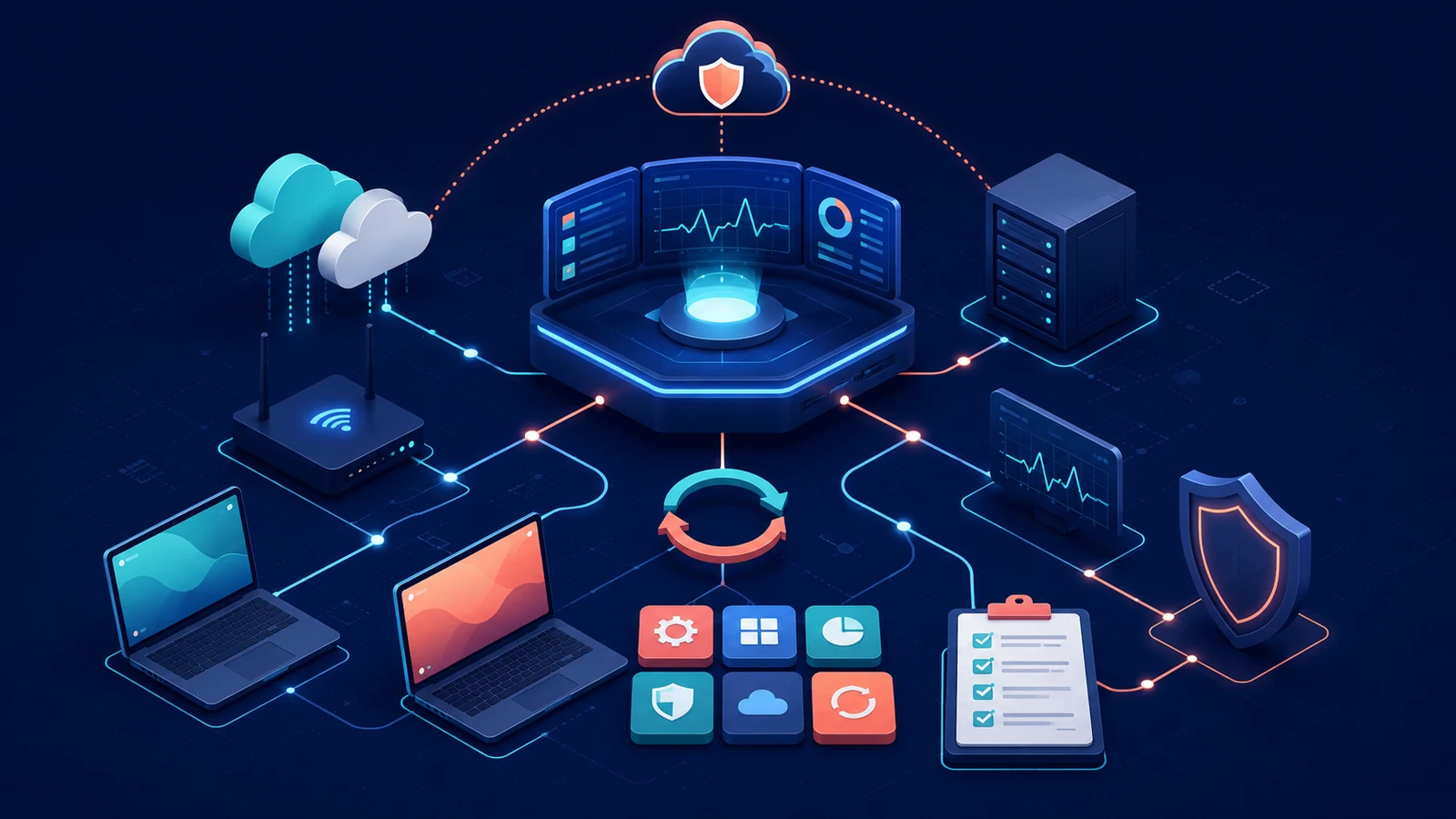 Isometric network diagram showing central control hub connected to laptops, servers, cloud icons, shield, and a checklist.