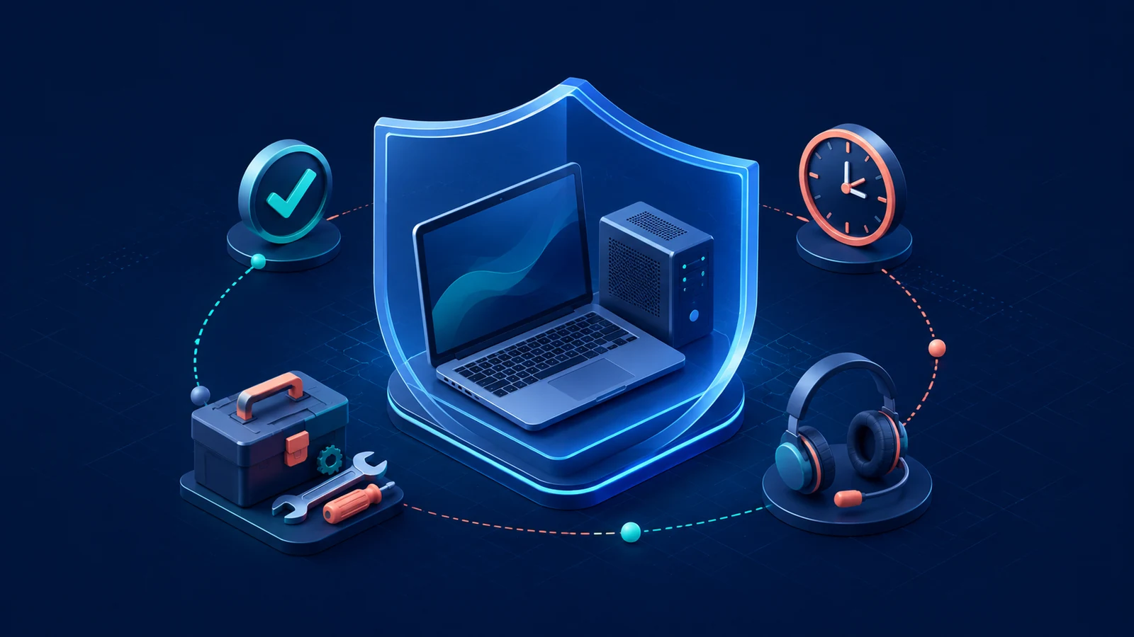 Isometric scene of a laptop inside a glowing shield, with a toolbox, headset, and clock surrounding it, representing cybersecurity and IT protection.