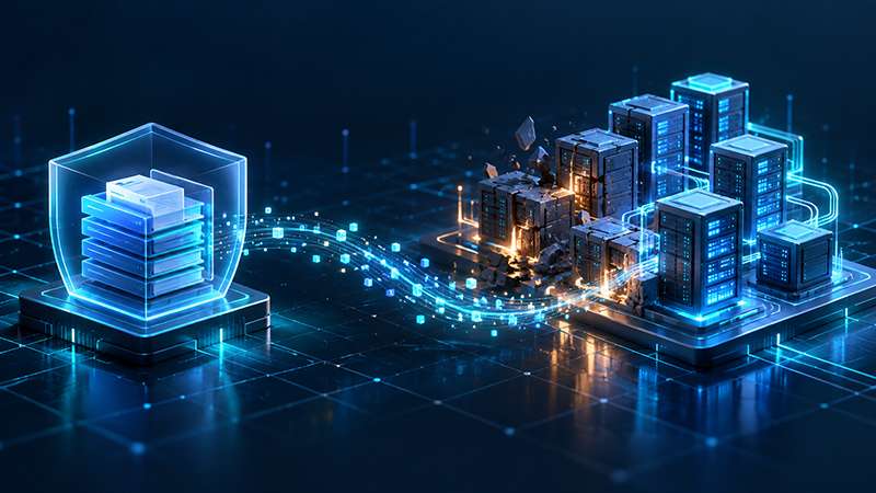 Backup vs Disaster Recovery concept showing secure data backup and a connected disaster recovery infrastructure.